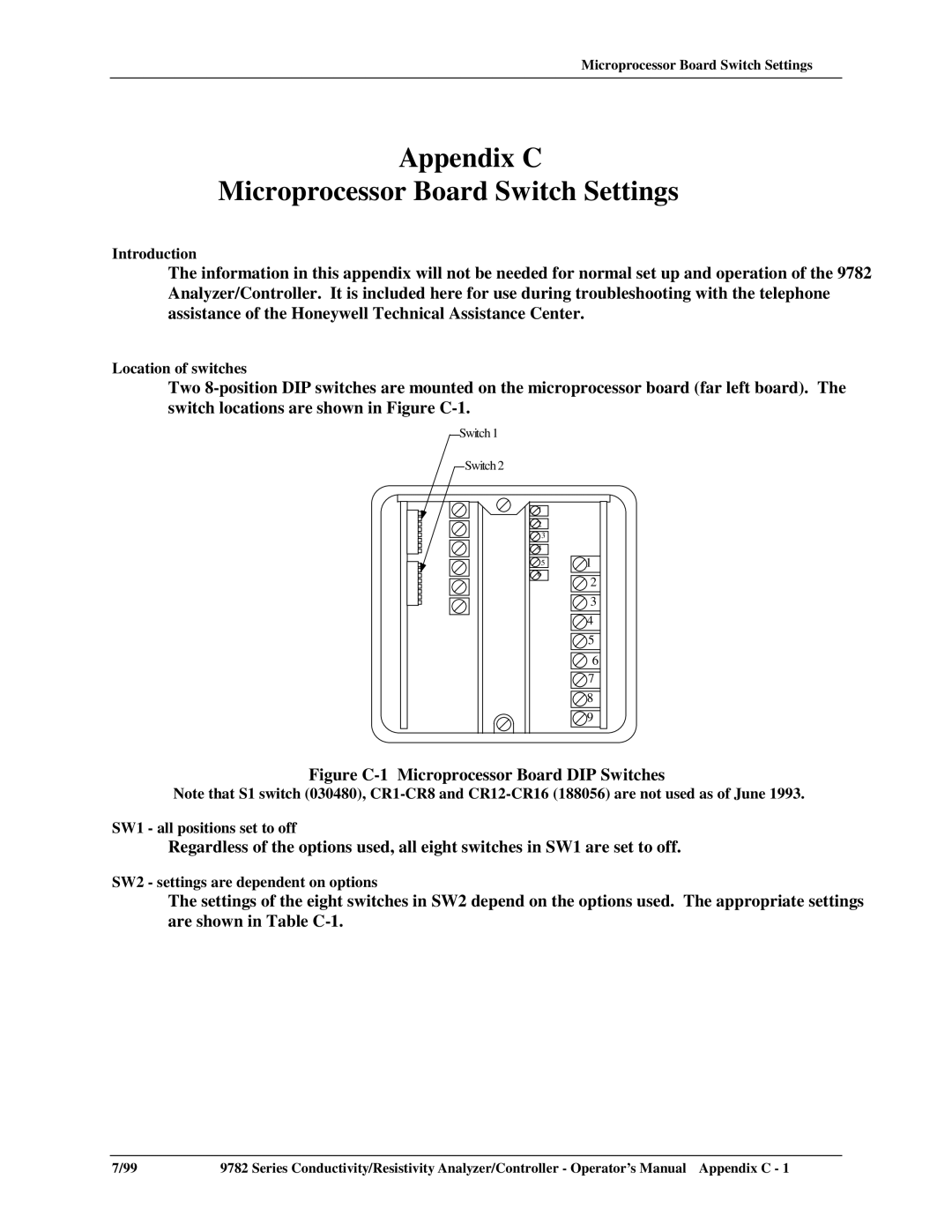 Honeywell 9782 Series manual Location of switches, SW1 all positions set to off, SW2 settings are dependent on options 