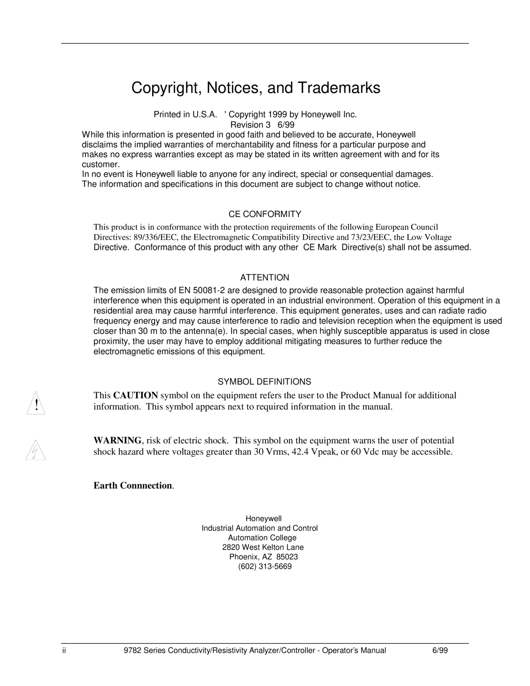 Honeywell 9782 Series manual Revision 3 6/99, CE Conformity, Symbol Definitions 