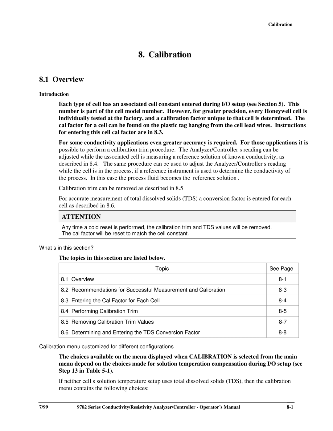 Honeywell 9782 Series manual Calibration 