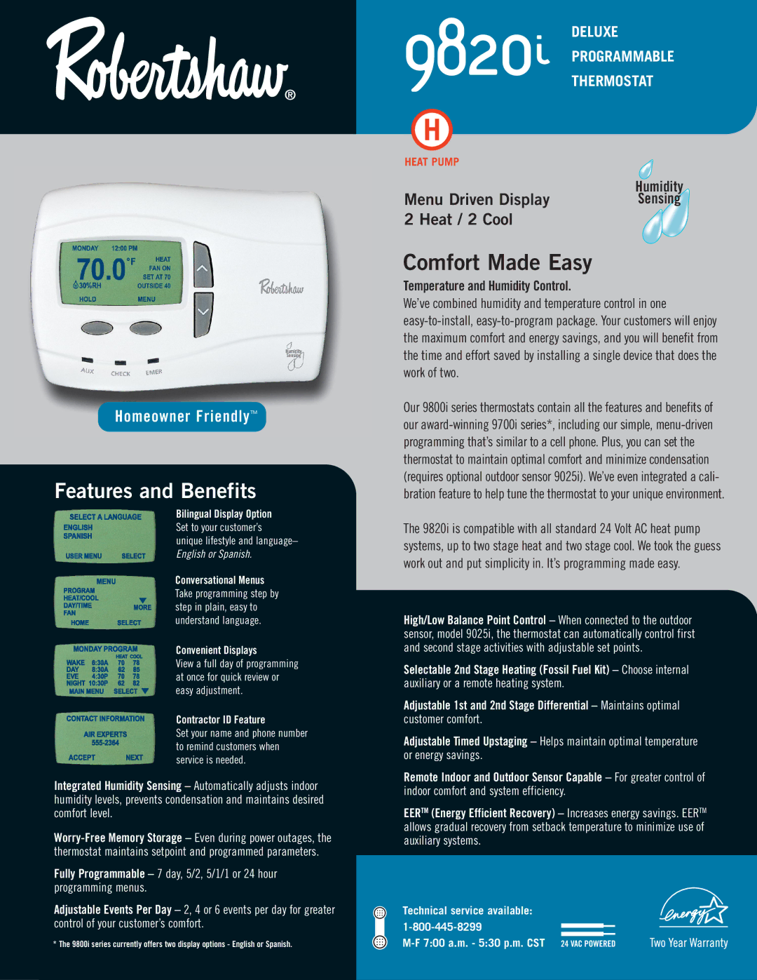 Honeywell 9820i manual Comfort Made Easy, Menu Driven Display, Heat / 2 Cool 