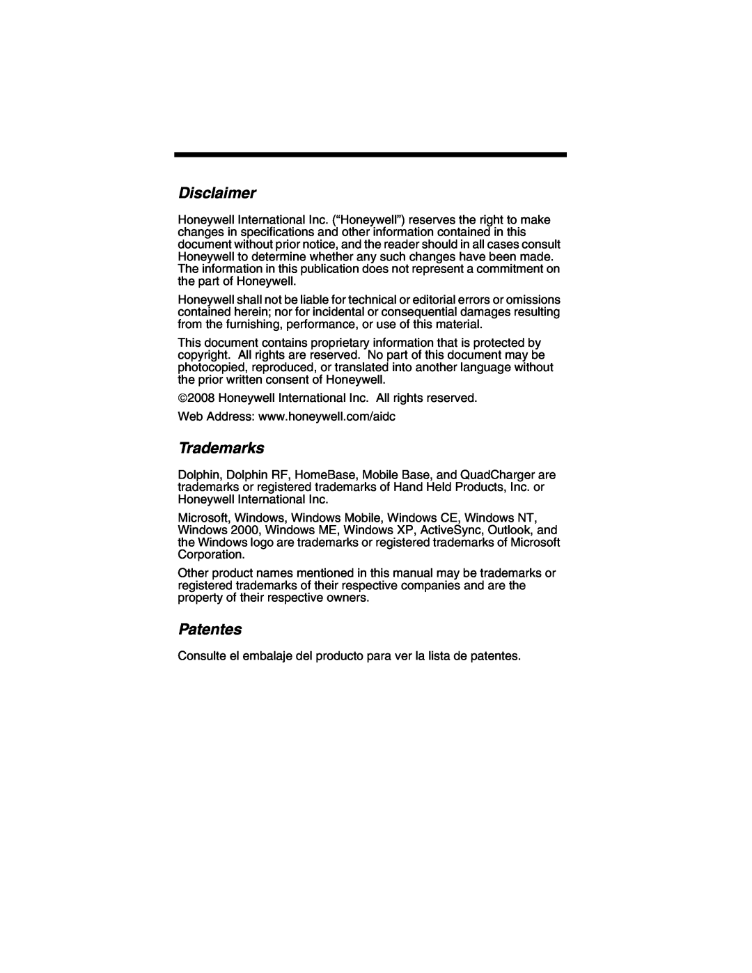 Honeywell 9900 manual Disclaimer, Trademarks, Patentes 