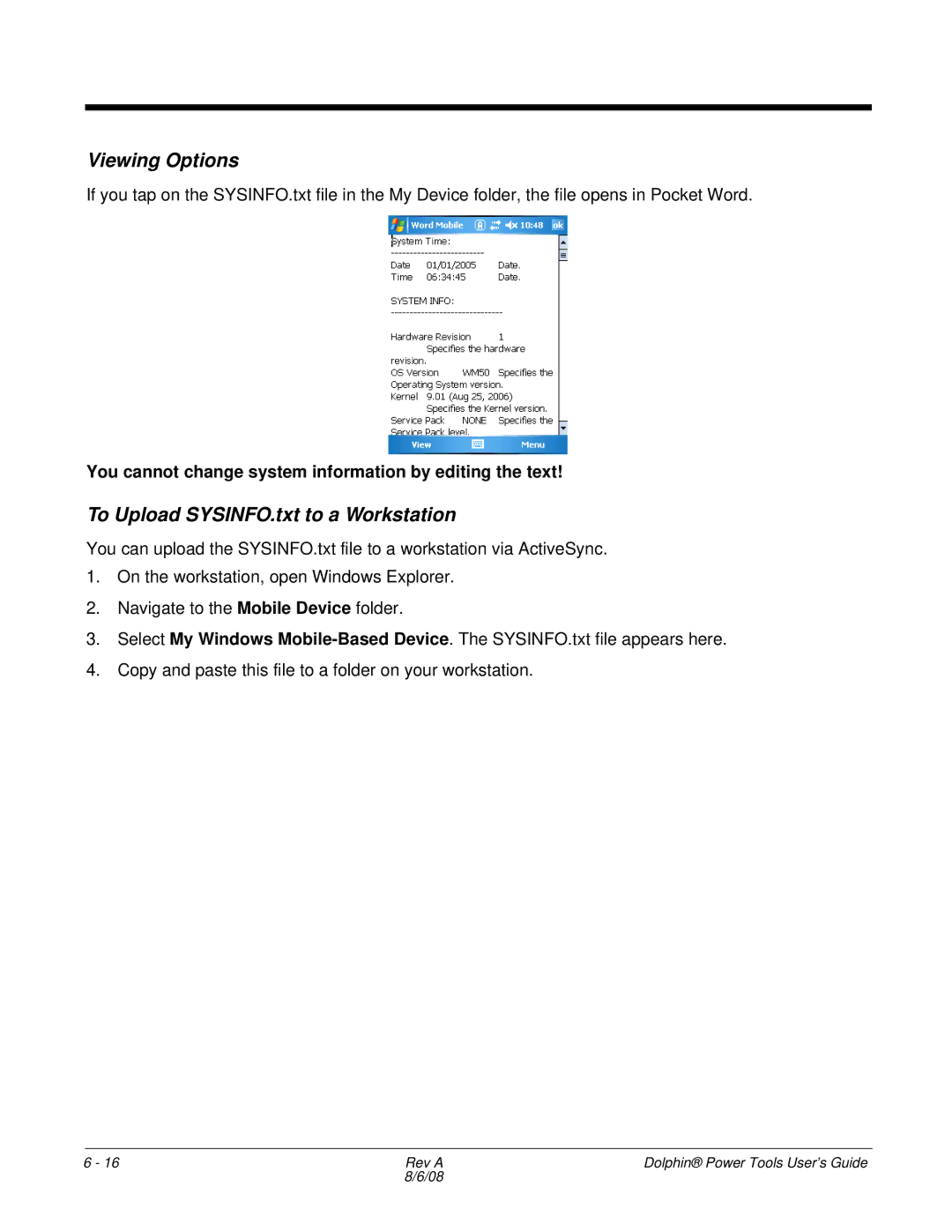 Honeywell 9900 manual Viewing Options, To Upload SYSINFO.txt to a Workstation 