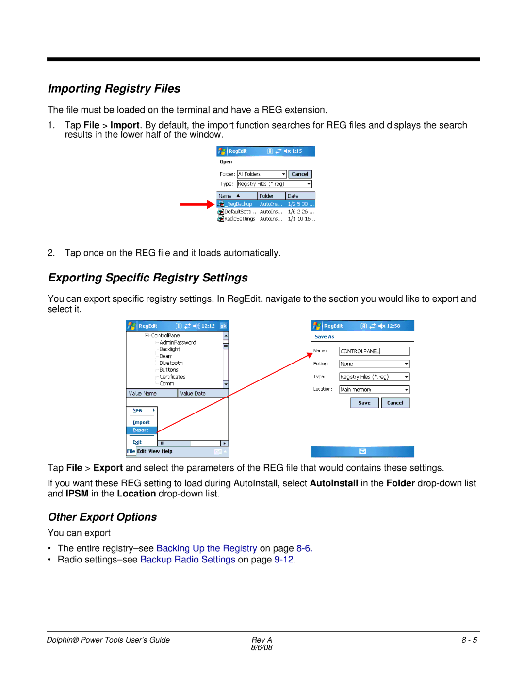 Honeywell 9900 manual Importing Registry Files, Exporting Specific Registry Settings, Other Export Options 