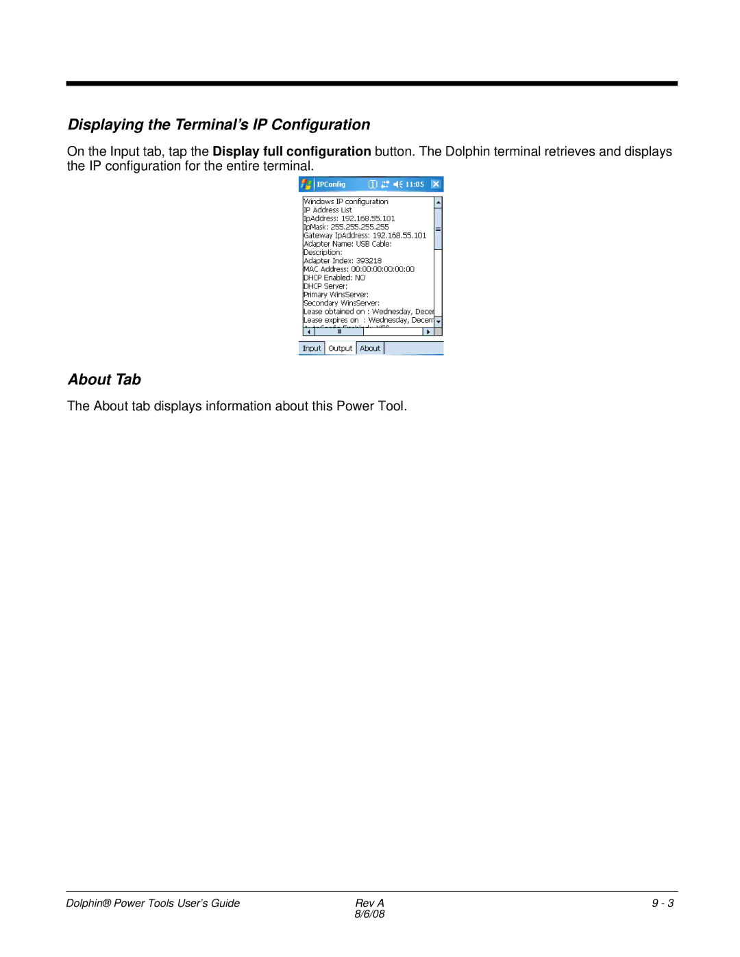 Honeywell 9900 manual Displaying the Terminal’s IP Configuration, About Tab 