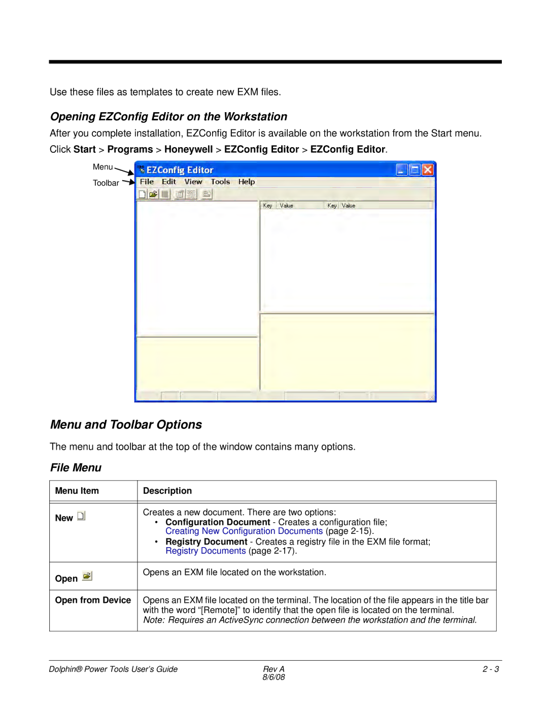 Honeywell 9900 Menu and Toolbar Options, Opening EZConfig Editor on the Workstation, File Menu, Menu Item Description New 