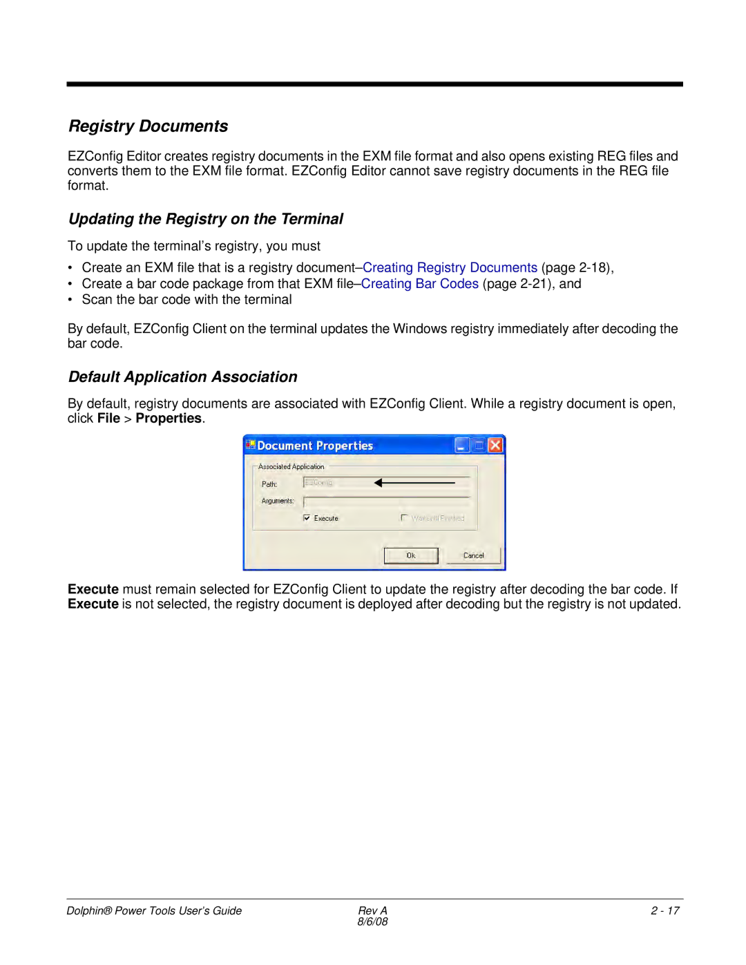 Honeywell 9900 manual Registry Documents, Updating the Registry on the Terminal, Default Application Association 