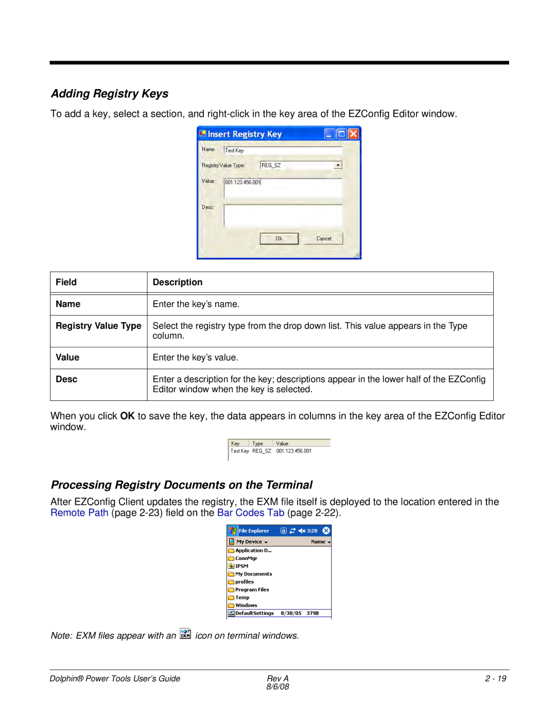 Honeywell 9900 manual Adding Registry Keys, Processing Registry Documents on the Terminal 