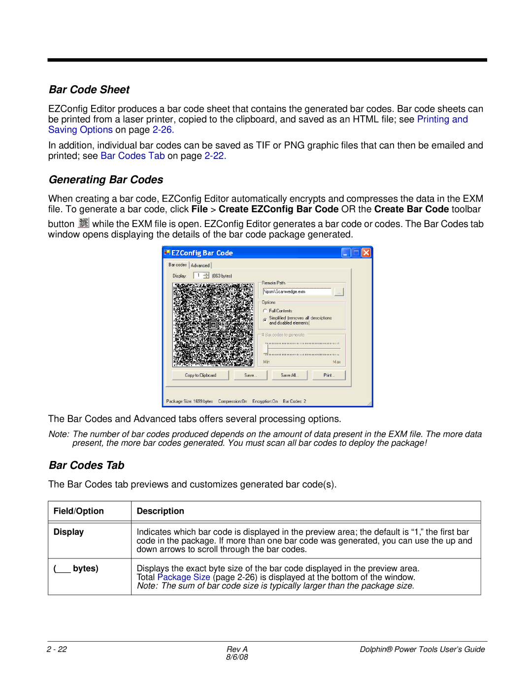 Honeywell 9900 manual Bar Code Sheet, Generating Bar Codes, Bar Codes Tab, Field/Option Description Display, Bytes 