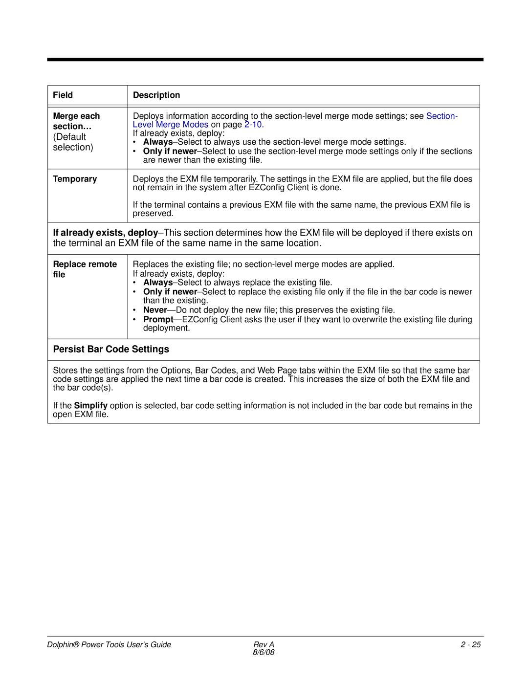 Honeywell 9900 manual Persist Bar Code Settings, Field Description Merge each, Section…, Temporary, Replace remote file 