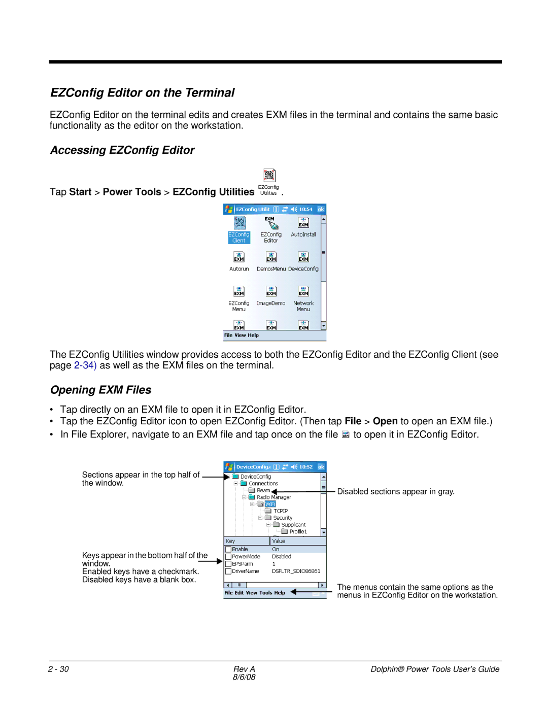 Honeywell 9900 manual EZConfig Editor on the Terminal, Accessing EZConfig Editor, Tap Start Power Tools EZConfig Utilities 