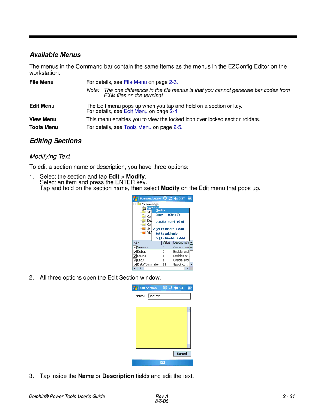 Honeywell 9900 manual Available Menus, Editing Sections, Modifying Text 