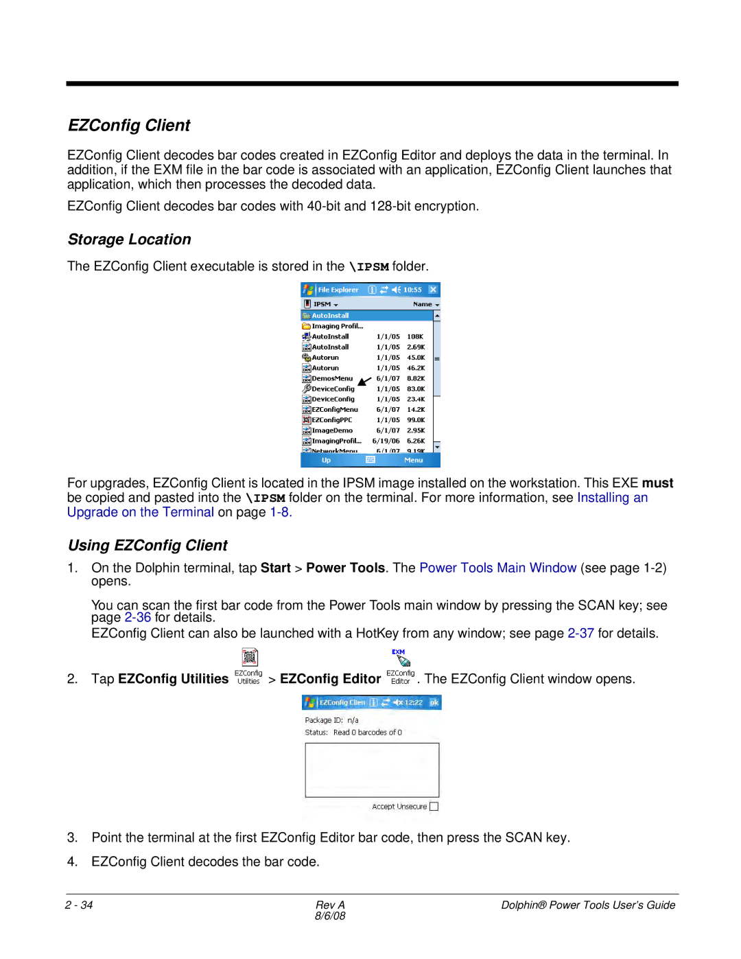 Honeywell 9900 manual Storage Location, Using EZConfig Client, Tap EZConfig Utilities EZConfig Editor 