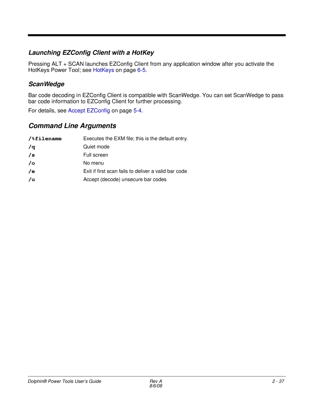 Honeywell 9900 manual Command Line Arguments, Launching EZConfig Client with a HotKey, ScanWedge 