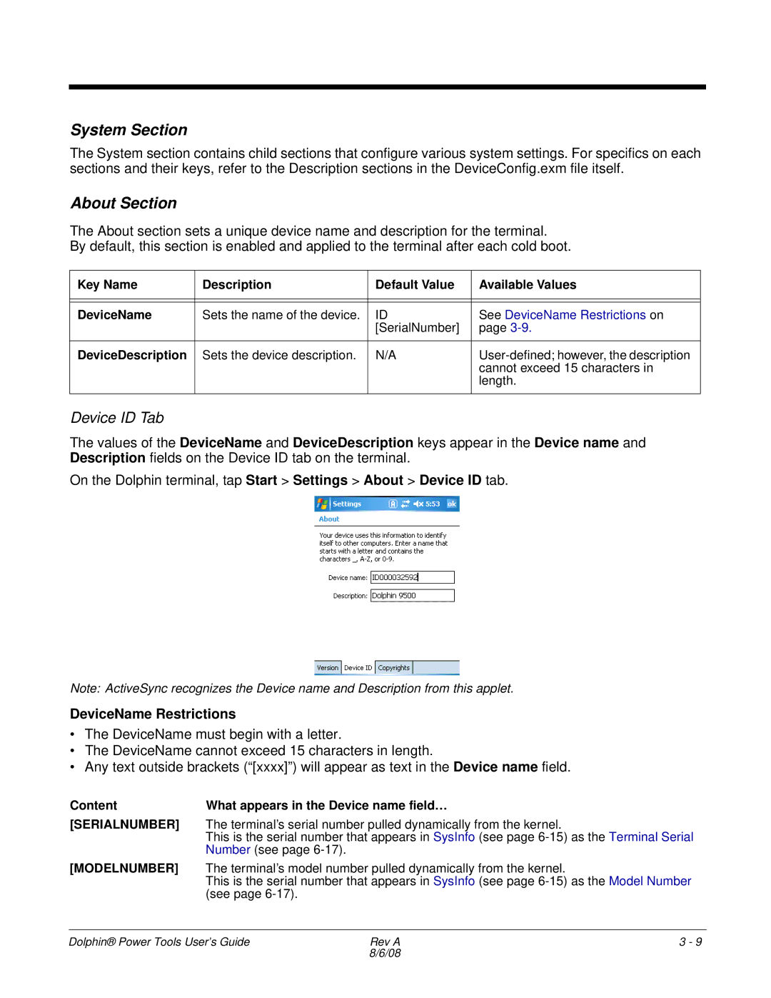 Honeywell 9900 manual System Section, About Section, Device ID Tab, DeviceName Restrictions 