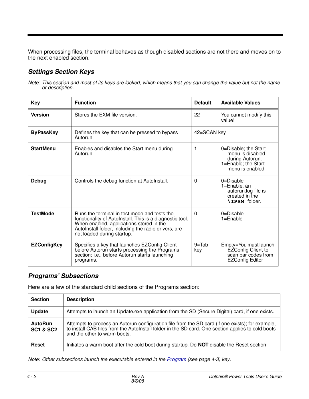 Honeywell 9900 manual Settings Section Keys, Programs’ Subsections 