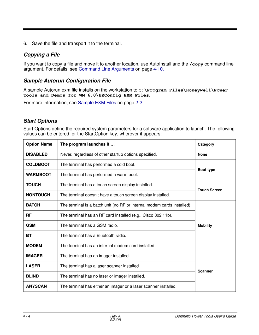 Honeywell 9900 manual Copying a File, Sample Autorun Configuration File, Start Options 