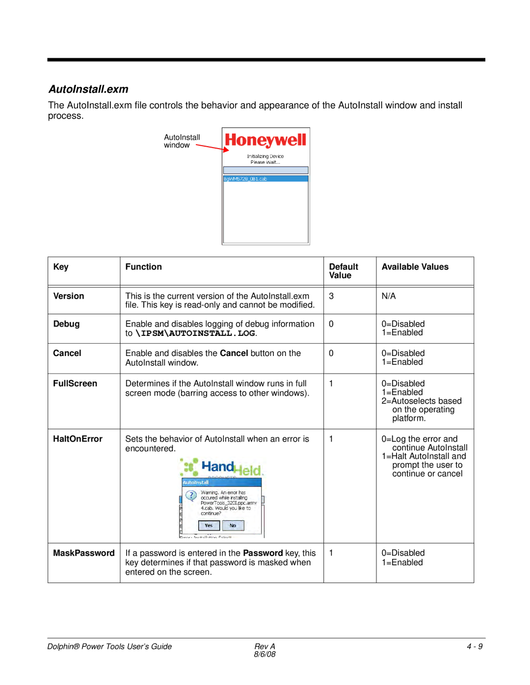 Honeywell 9900 manual AutoInstall.exm, Cancel, FullScreen, HaltOnError, MaskPassword 