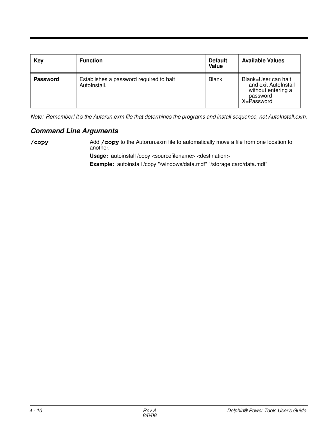 Honeywell 9900 manual Command Line Arguments, Key Function Default Available Values Password 