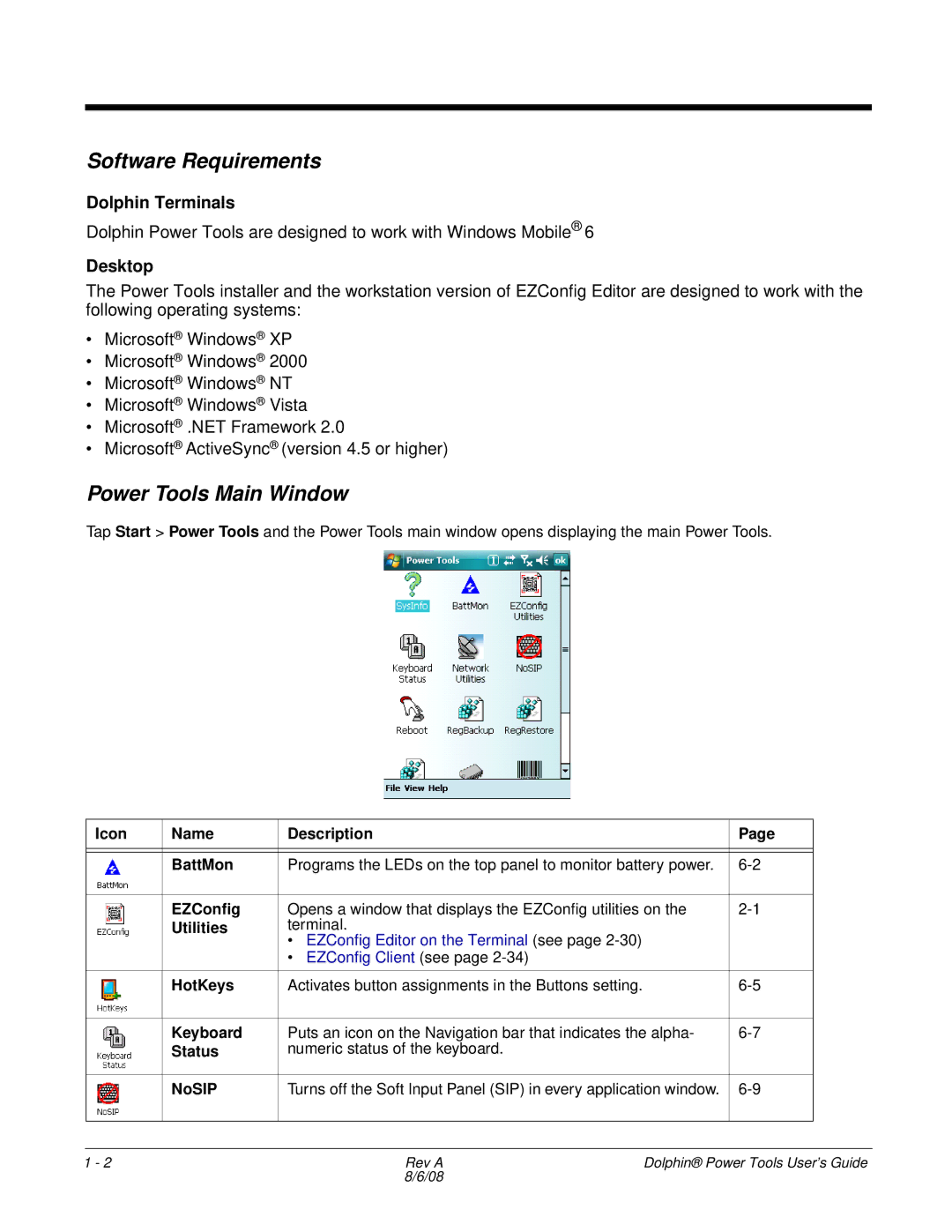 Honeywell 9900 manual Software Requirements, Power Tools Main Window, Dolphin Terminals, Desktop 