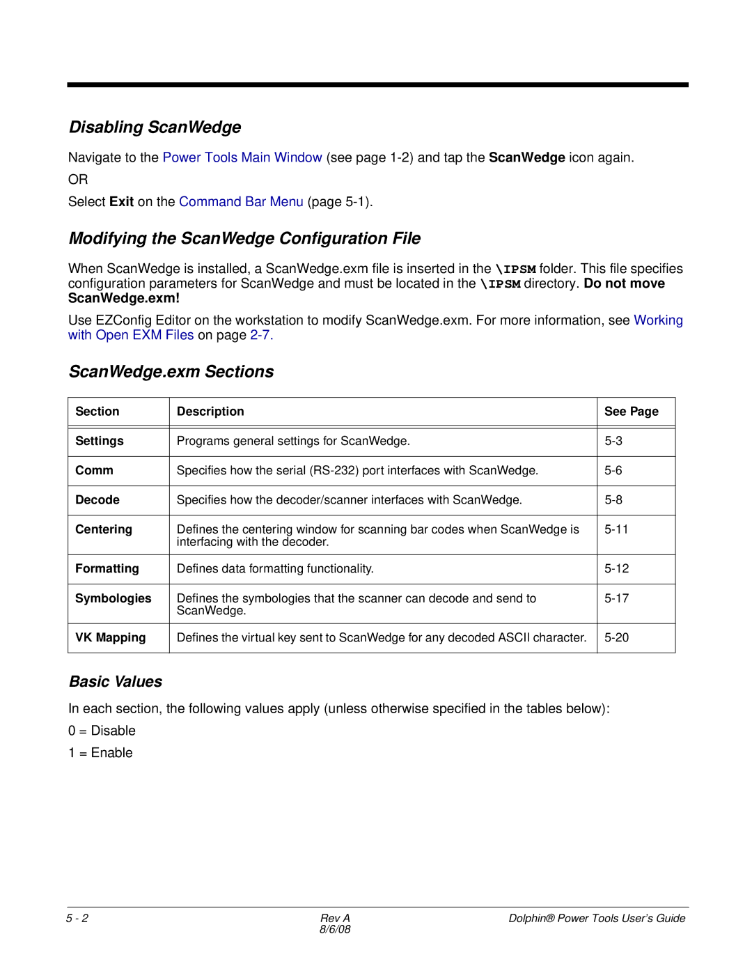 Honeywell 9900 manual Disabling ScanWedge, Modifying the ScanWedge Configuration File, ScanWedge.exm Sections, Basic Values 