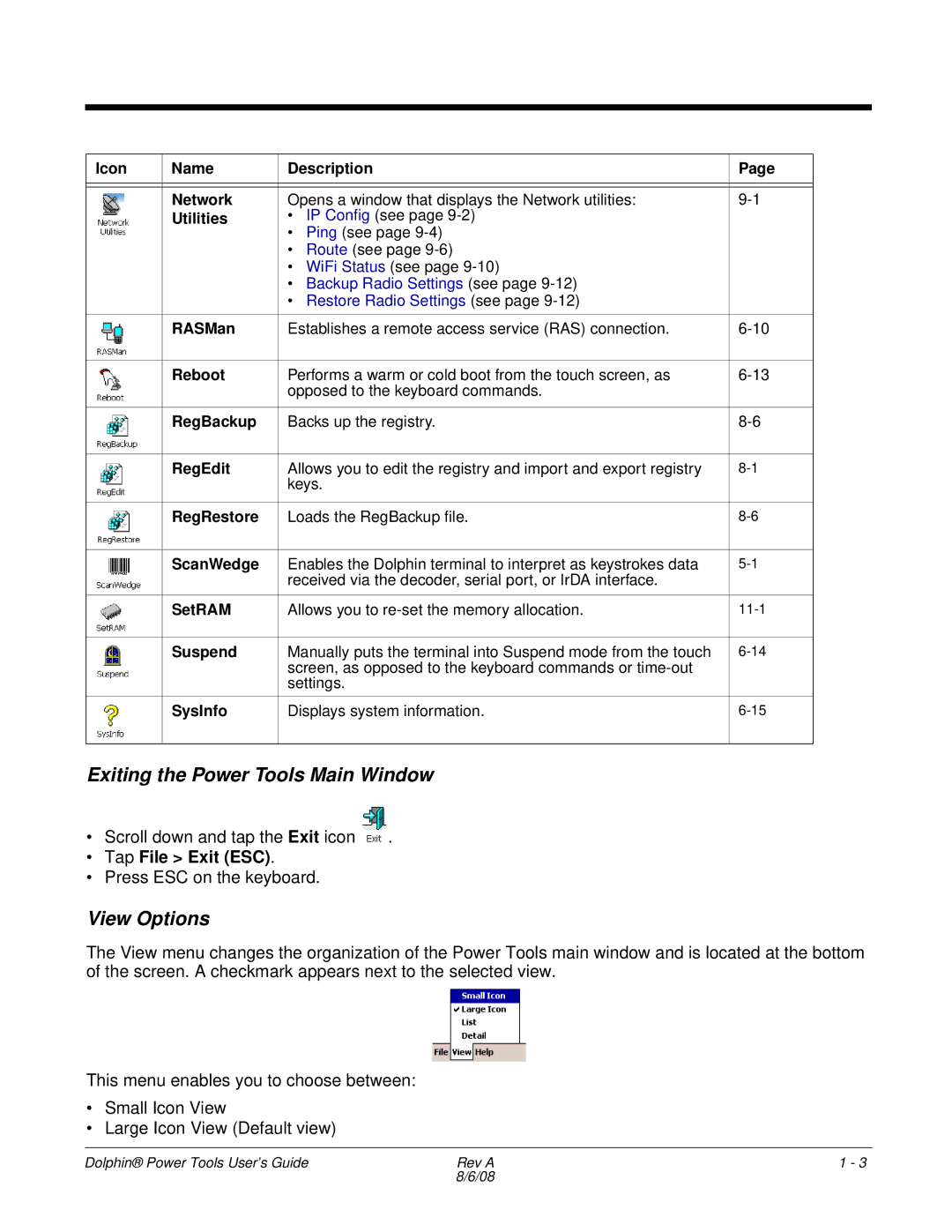 Honeywell 9900 manual Exiting the Power Tools Main Window, View Options, Tap File Exit ESC, Icon Name Description Network 