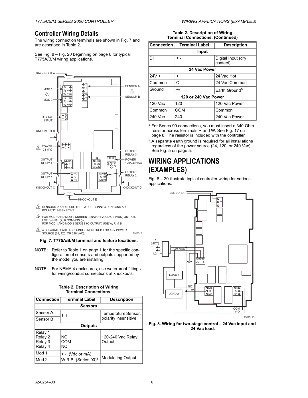 Honeywell AC-220-7 Wiring Applications Examples, Controller Wiring Details, Connection Terminal Label Description Sensors 