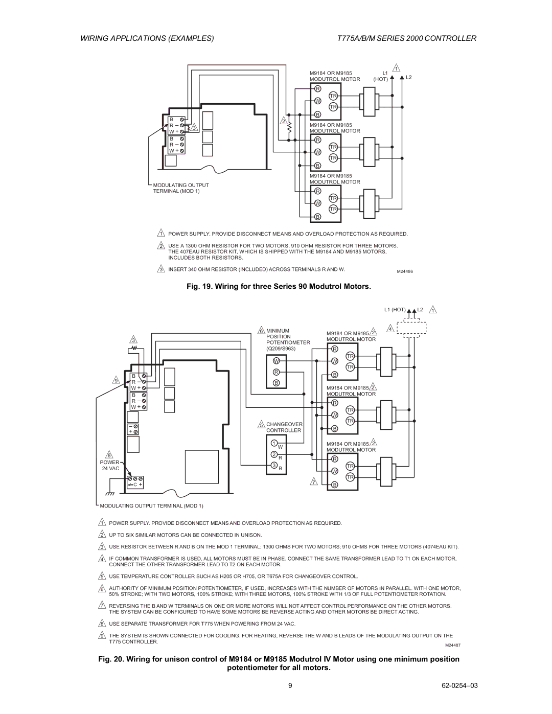 Honeywell AC-140-7, AC-220-7 manual Wiring for three Series 90 Modutrol Motors 