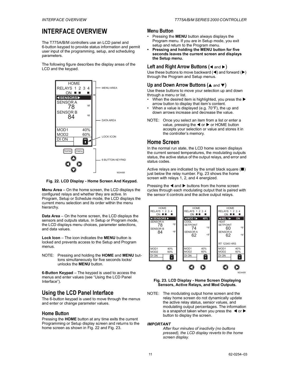 Honeywell AC-140-7, AC-220-7 manual Interface Overview, Home Screen, Using the LCD Panel Interface 