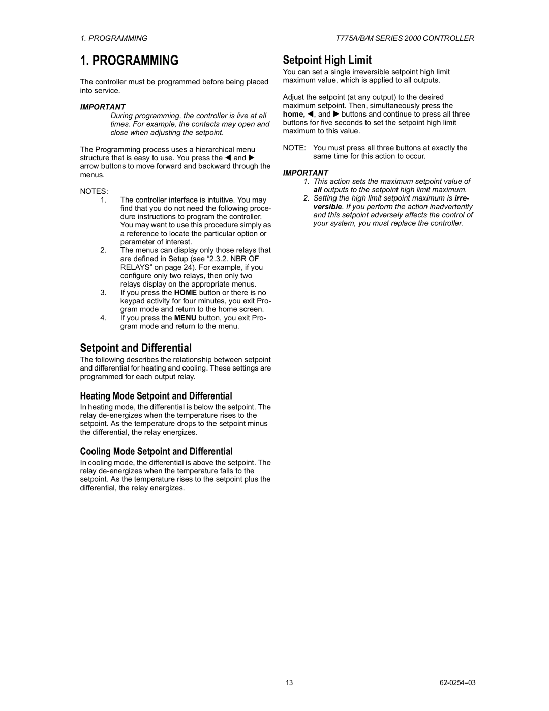 Honeywell AC-140-7, AC-220-7 manual Programming, Setpoint High Limit, Heating Mode Setpoint and Differential 