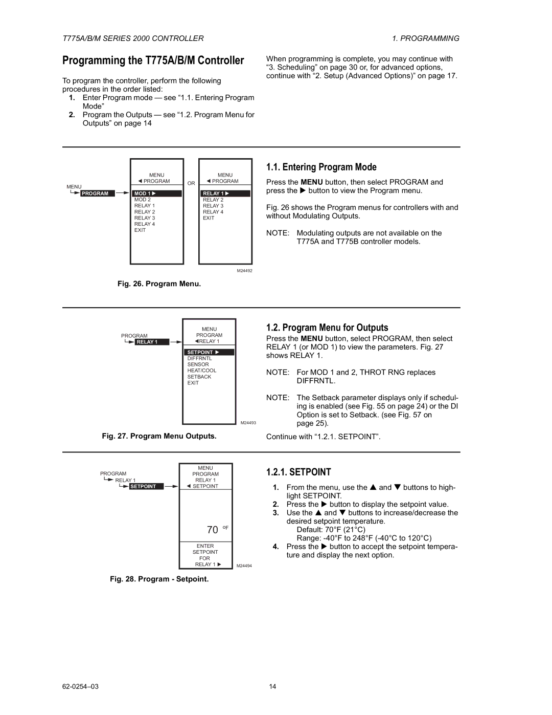 Honeywell AC-220-7, AC-140-7 manual Programming the T775A/B/M Controller, Entering Program Mode, Program Menu for Outputs 