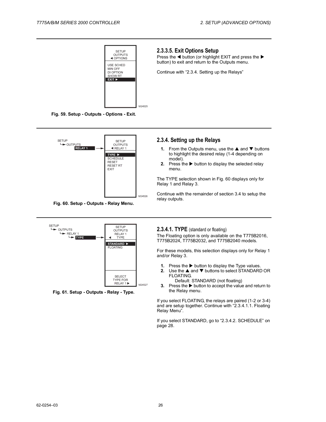 Honeywell AC-220-7, AC-140-7 manual Exit Options Setup, Setting up the Relays, Type standard or floating 