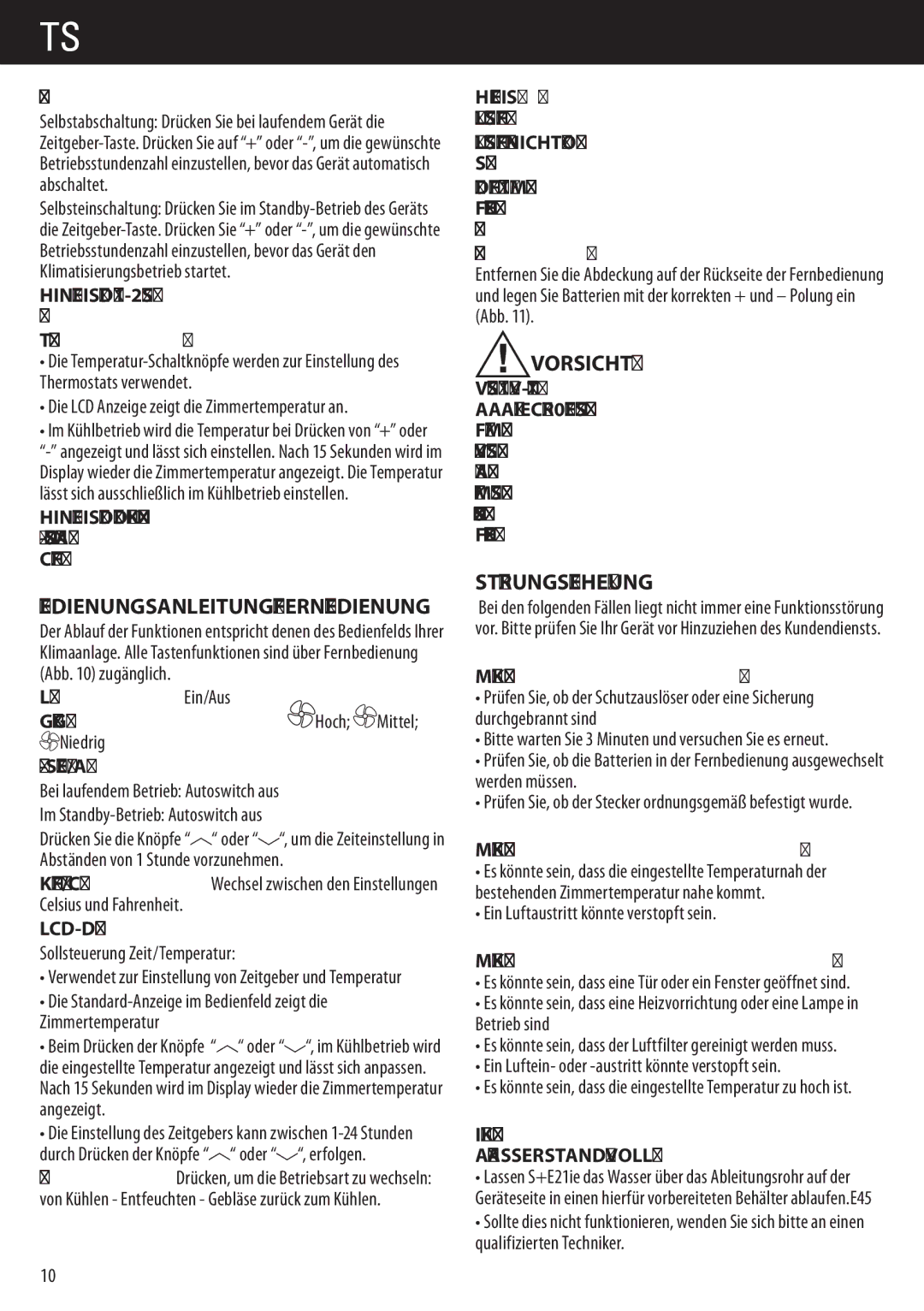 Honeywell AMH-12000E, AMH-10000E manual Vorsicht, Störungsbehebung, Bedienungsanleitung Fernbedienung 