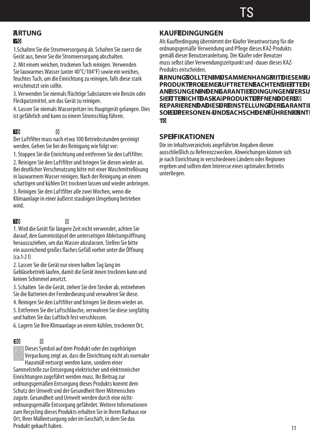 Honeywell AMH-10000E, AMH-12000E manual Wartung, Kaufbedingungen, Spezifikationen 