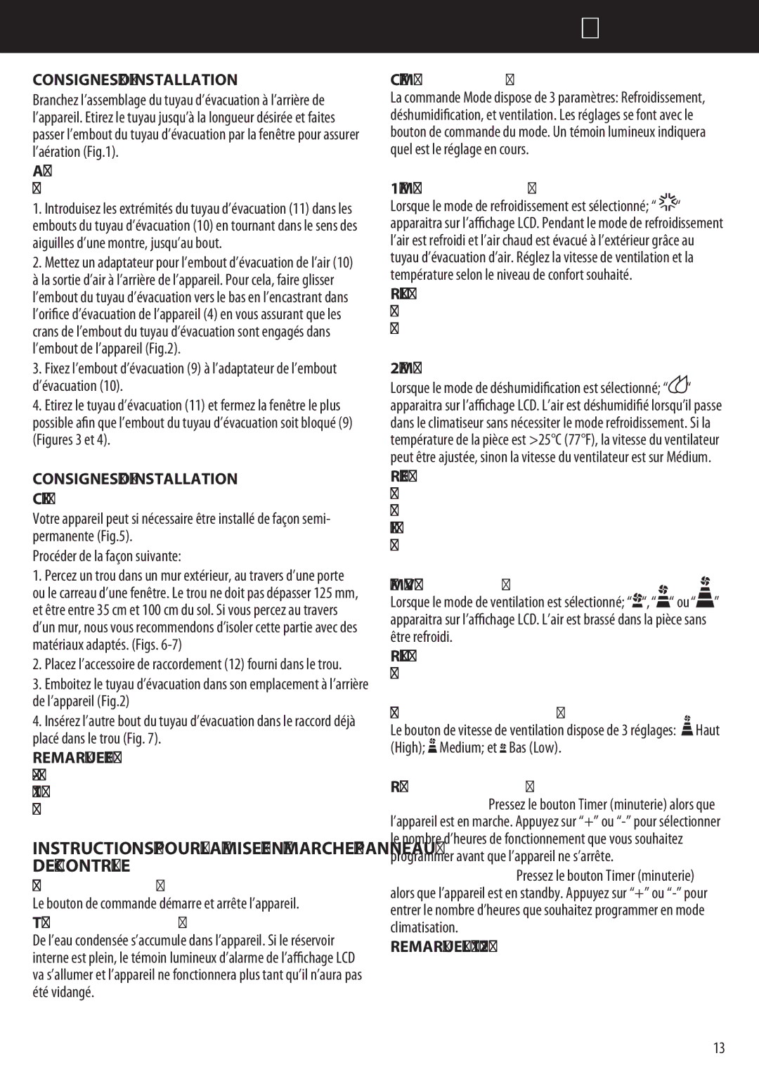 Honeywell AMH-10000E, AMH-12000E manual Instructions Pour LA Mise EN Marche Panneau DE Contrôle, Consignes D’INSTALLATION 