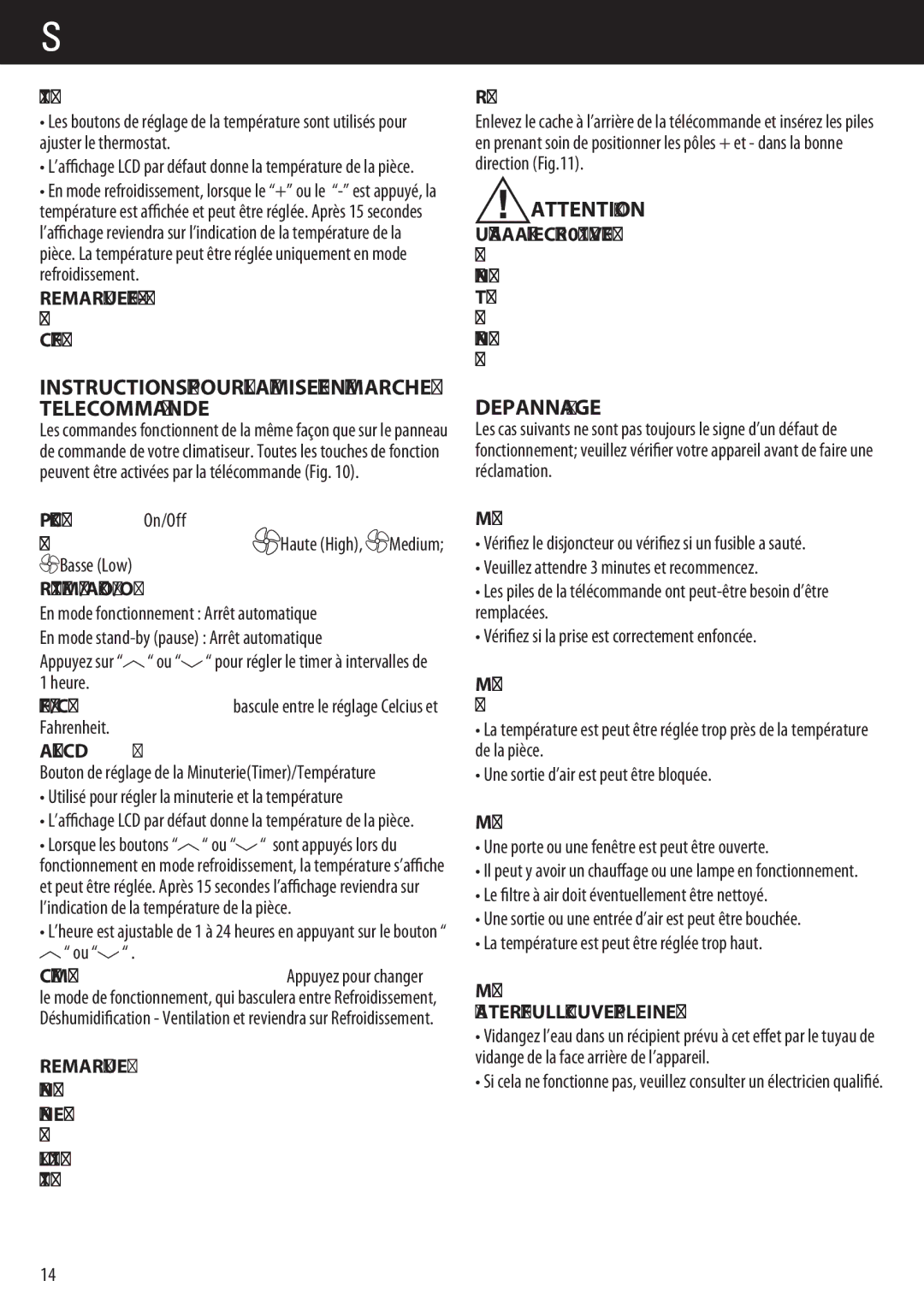 Honeywell AMH-12000E, AMH-10000E manual Depannage, Instructions Pour LA Mise EN Marche Telecommande, Remarque 