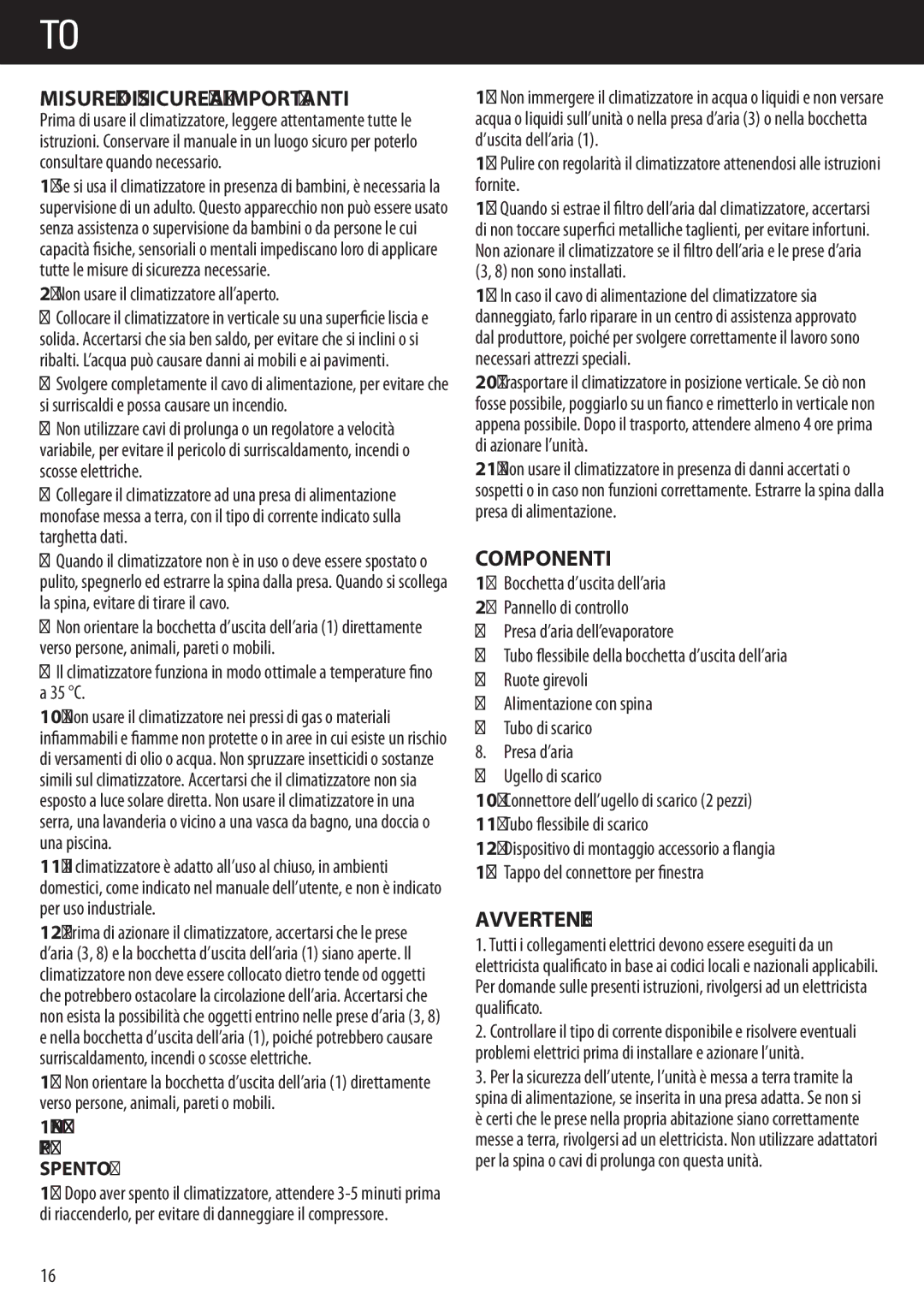 Honeywell AMH-12000E, AMH-10000E manual Italiano, Misure DI Sicurezza Importanti, Componenti, Avvertenze, Spento 