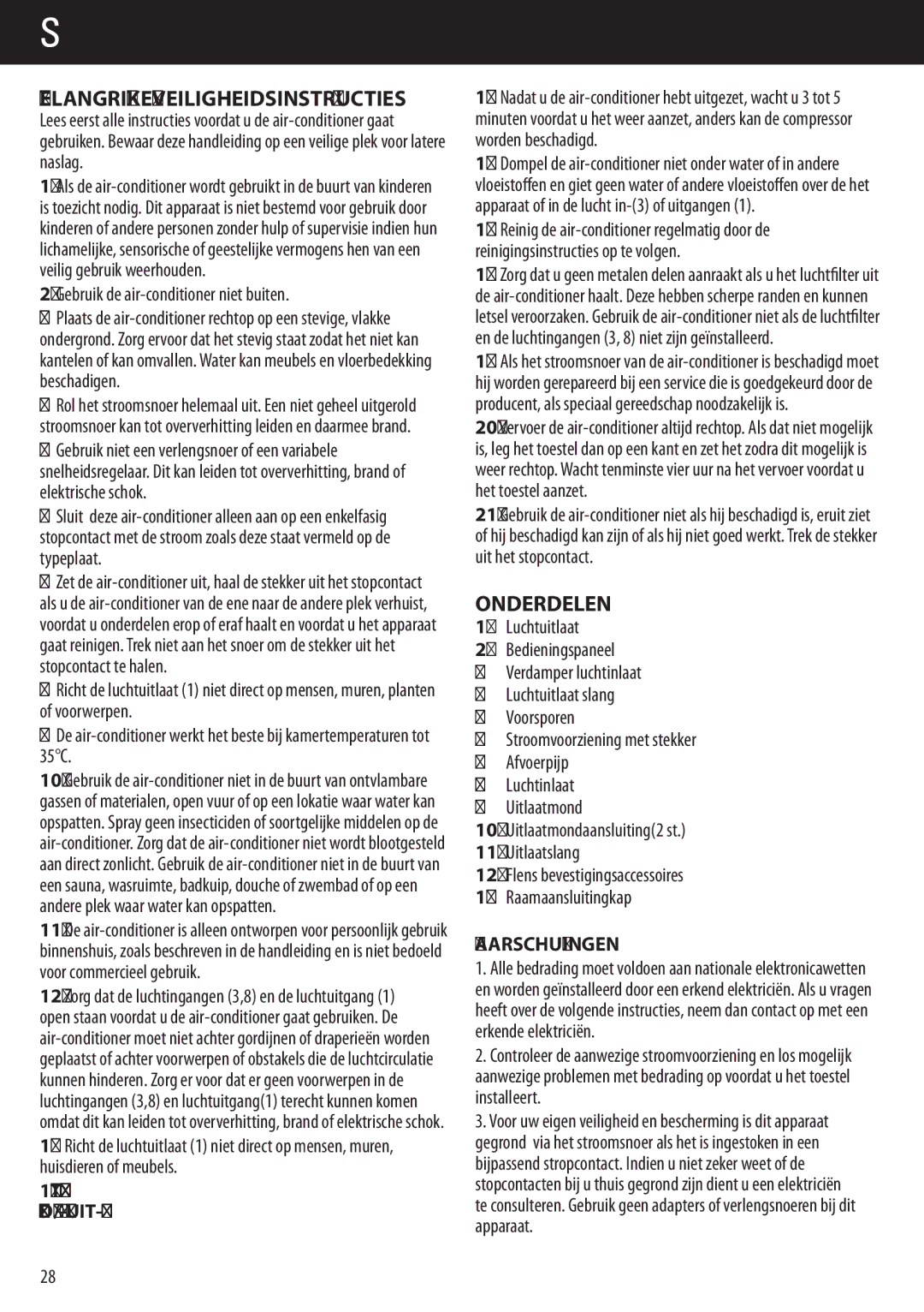 Honeywell AMH-12000E Nederlands, Belangrijke Veiligheidsinstructies, Onderdelen, Gebruik de air-conditioner niet buiten 