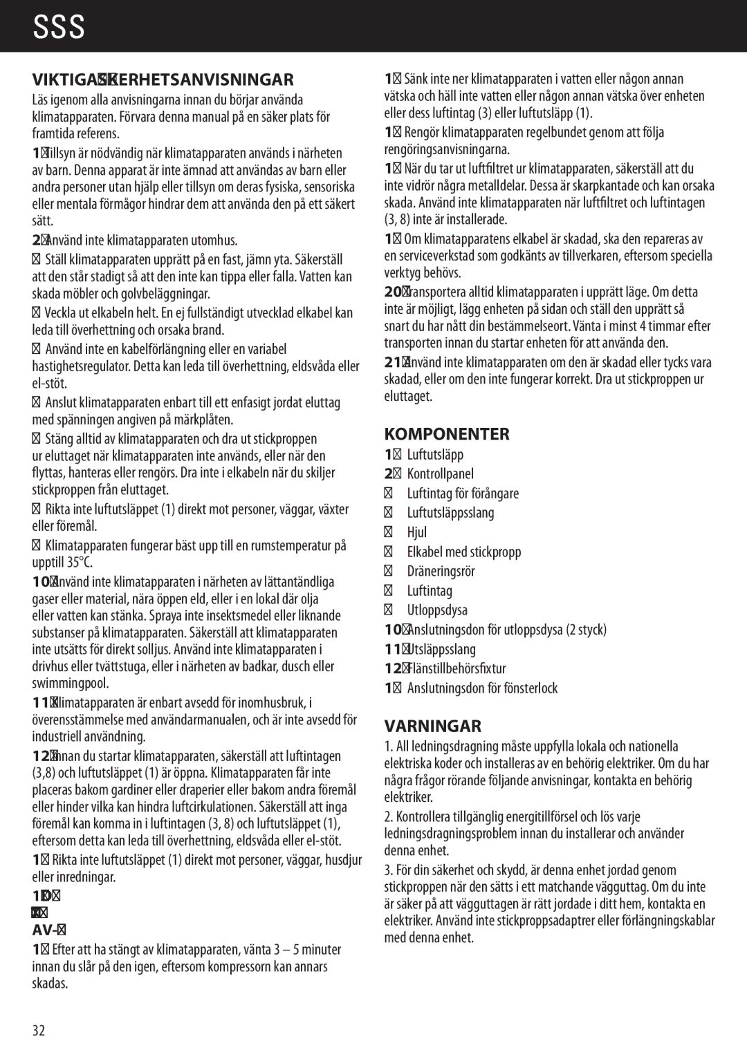 Honeywell AMH-12000E Svensksa, Viktiga Säkerhetsanvisningar, Komponenter, Varningar, Använd inte klimatapparaten utomhus 