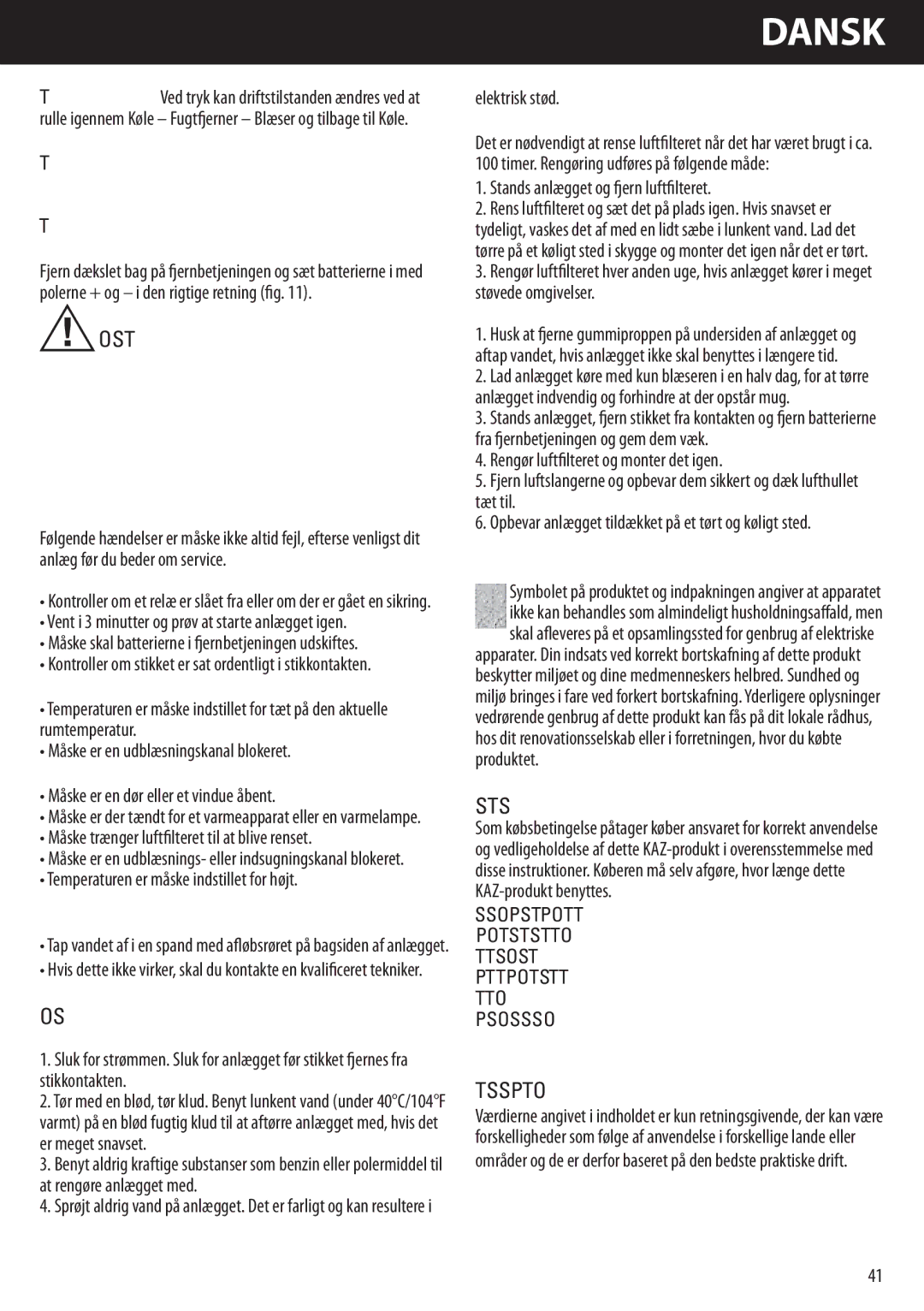 Honeywell AMH-10000E, AMH-12000E manual Forsigtig, Fejlfinding, Vedligeholdelse, Købsbetingelser, Tekniske Specifikationer 