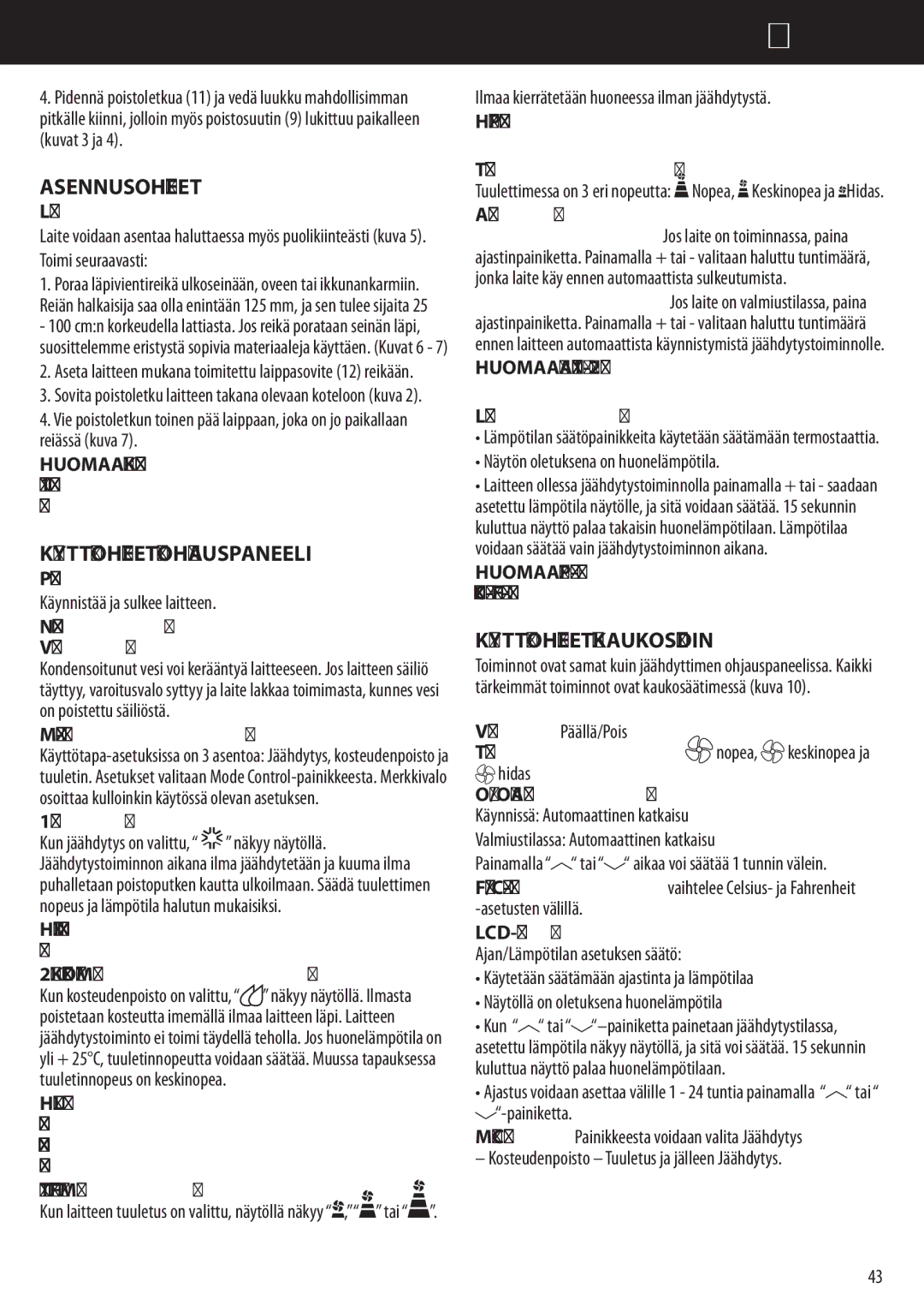 Honeywell AMH-10000E, AMH-12000E manual Käyttöohjeet Ohjauspaneeli, Käyttöohjeet Kaukosäädin 