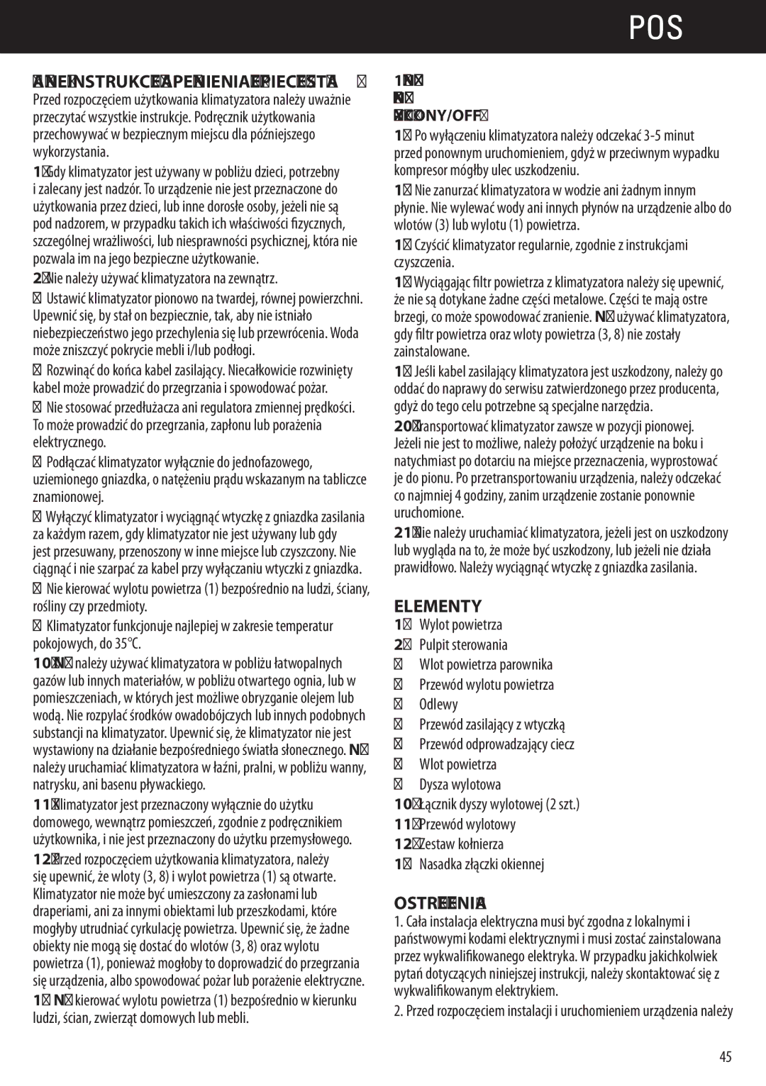 Honeywell AMH-10000E, AMH-12000E manual Polski, Elementy, Ostrzeżenia, Nie należy używać klimatyzatora na zewnątrz 