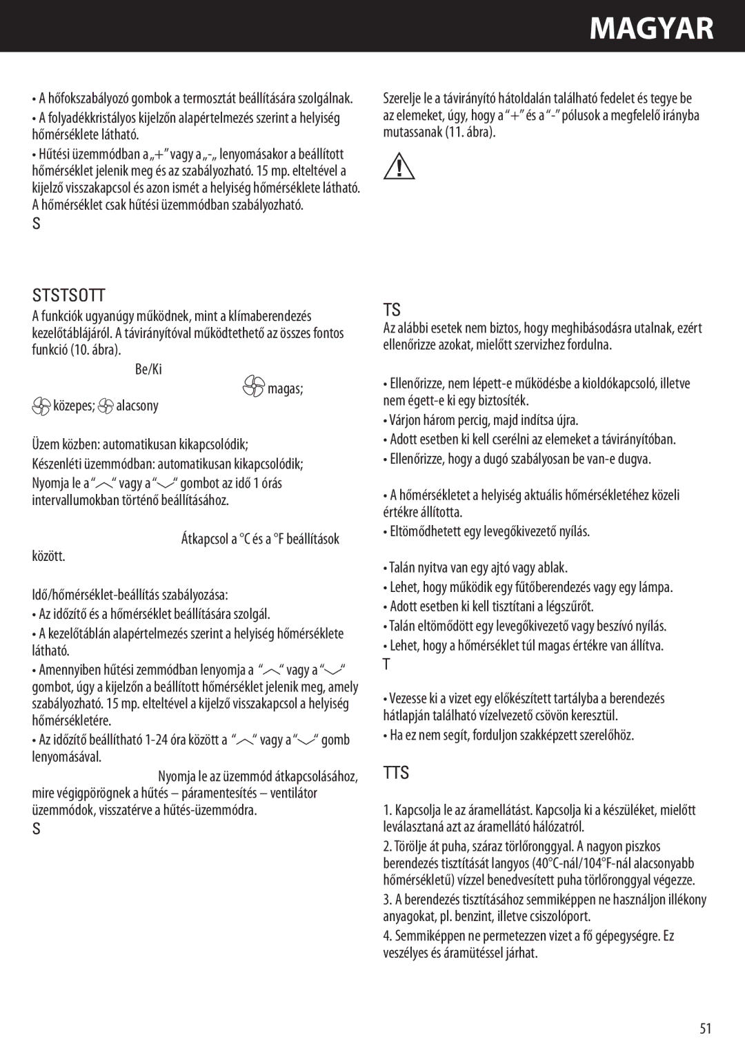 Honeywell AMH-10000E, AMH-12000E manual Kezelési Utasítások Távirányító, Figyelem, Hibaelhárítás, Karbantartás, Megjegyzés 