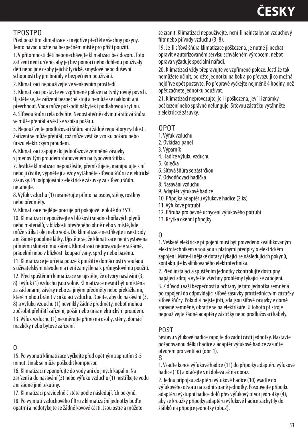 Honeywell AMH-10000E, AMH-12000E manual Česky, Důležité Bezpečnostní Pokyny, Komponenty, Varování, Pokyny K Instalaci 