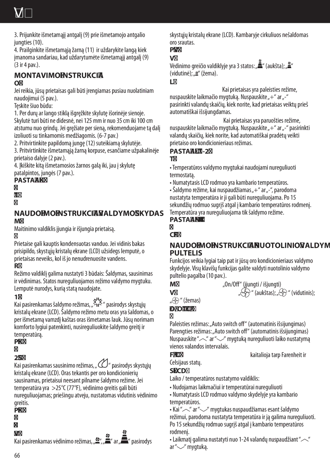 Honeywell AMH-12000E, AMH-10000E Naudojimo Instrukcija Nuotolinio Valdymo Pultelis, Naudojimo Instrukcija Valdymo Skydas 