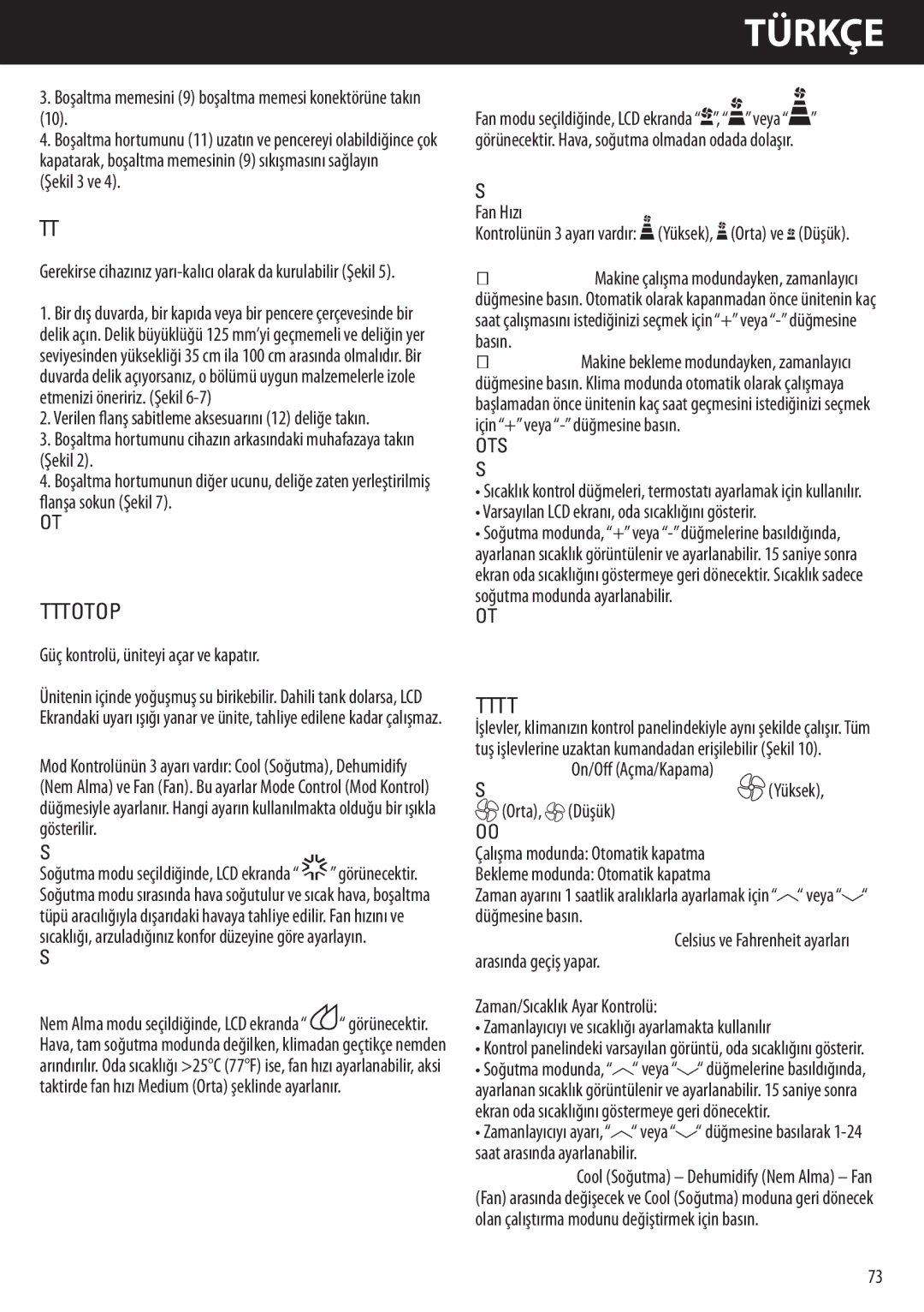 Honeywell AMH-10000E, AMH-12000E manual Çaliştirma Talİmatlari Kontrol Panelİ, Çaliştirma Talİmatlari Uzaktan Kumanda 