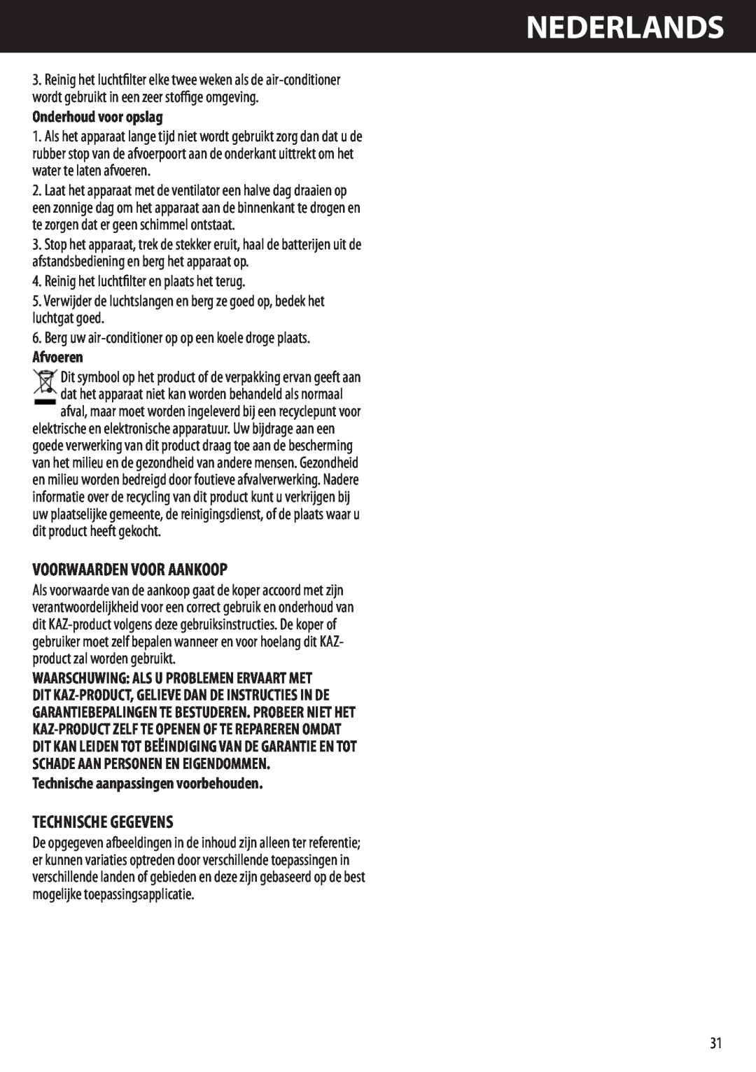 Honeywell AMH-10000E manual Voorwaarden Voor Aankoop, Technische Gegevens, Nederlands, Onderhoud voor opslag, Afvoeren 