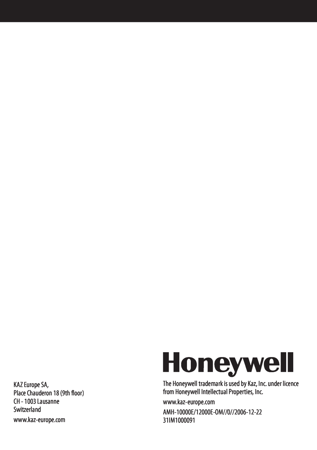 Honeywell AMH-12000E manual KAZ Europe SA, AMH-10000E/12000E-OM//0//2006-12-2231IM1000091 