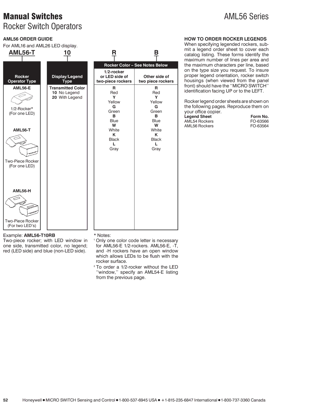 Honeywell AML56 Series manual Example AML56-T10RB, Rocker Display/Legend, Type, With Legend, Rocker Color ± See Notes Below 