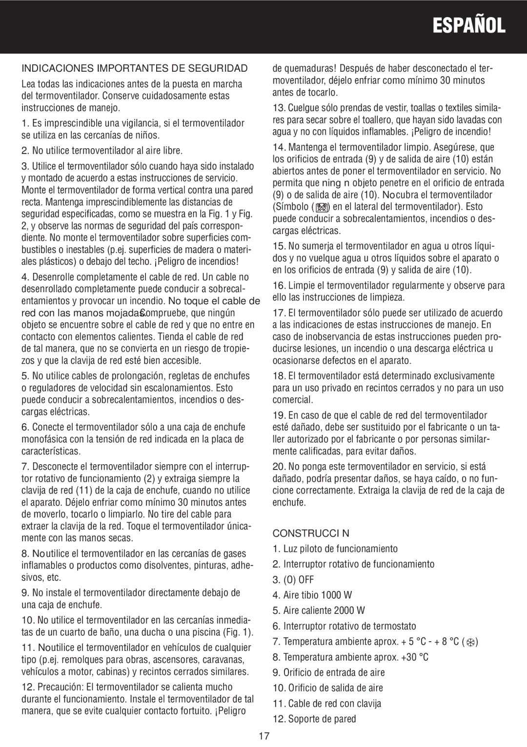 Honeywell BH-777FTE Español, Indicaciones Importantes DE Seguridad, No utilice termoventilador al aire libre, Construcción 