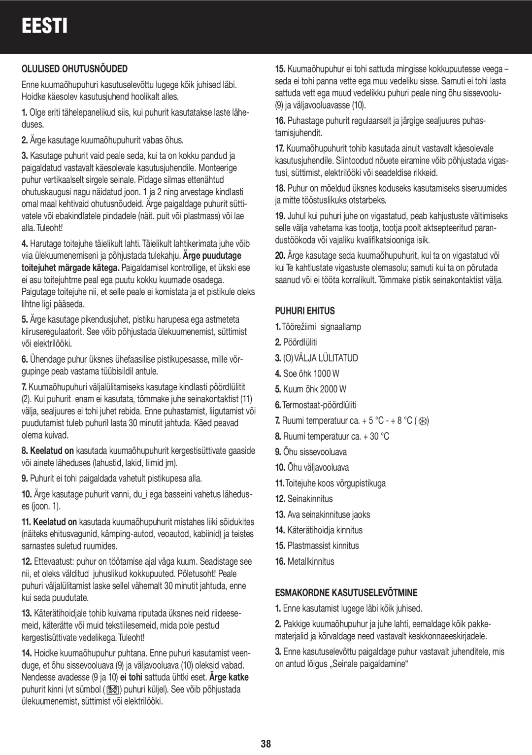 Honeywell BH-777FTE manual do utilizador Eesti, Olulised Ohutusnõuded, Puhuri Ehitus, Esmakordne Kasutuselevõtmine 